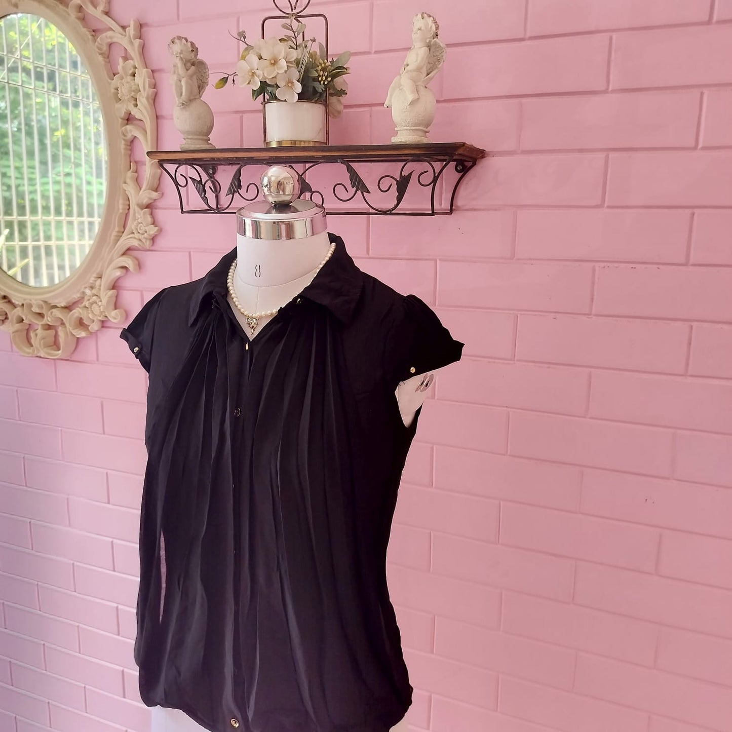 Vintage Black Pleated Blouse with Gold Buttons