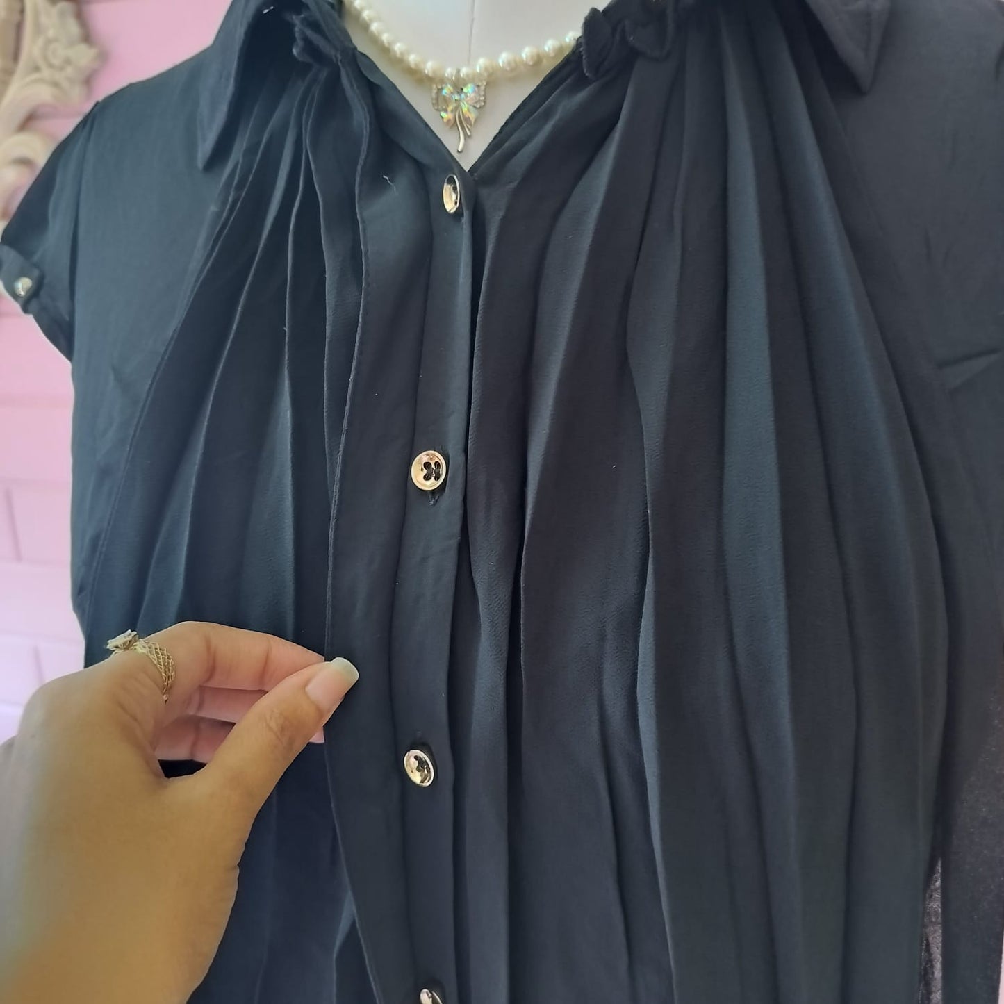 Vintage Black Pleated Blouse with Gold Buttons