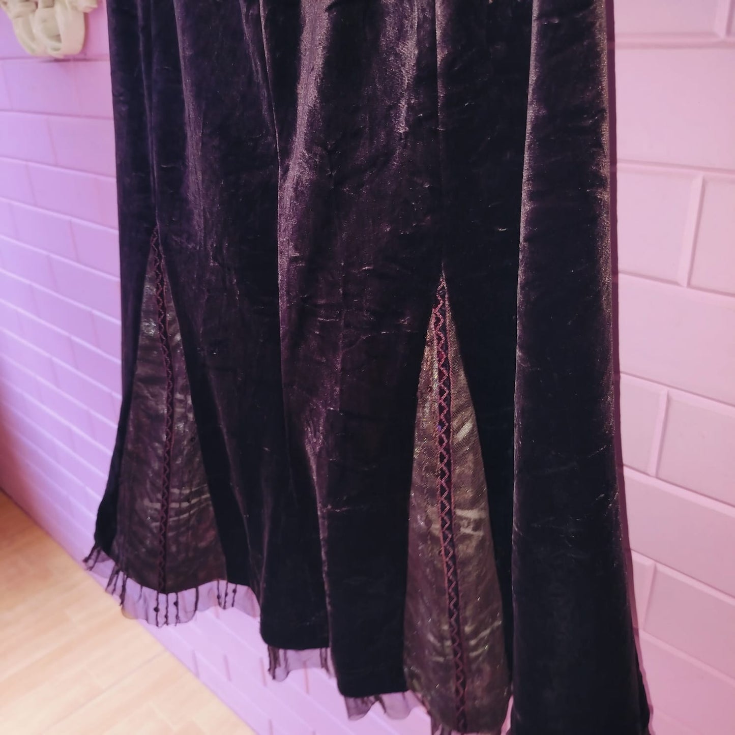 Velvet Gothic Grunge Skirt with Sheer Lace Inserts | Dark Academia Aesthetic
