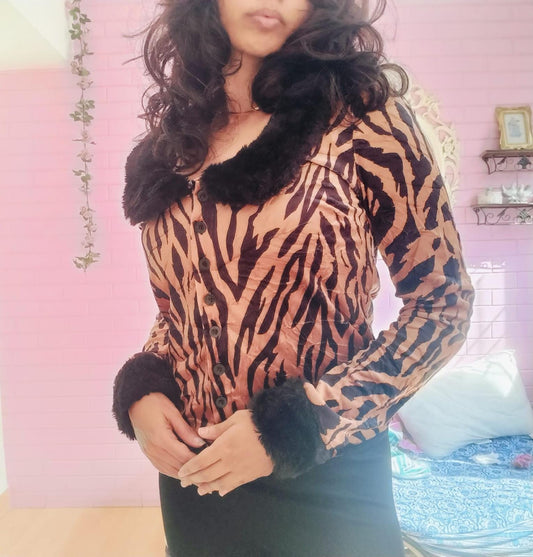 Vintage-Inspired Faux Fur Zebra Print Cardigan