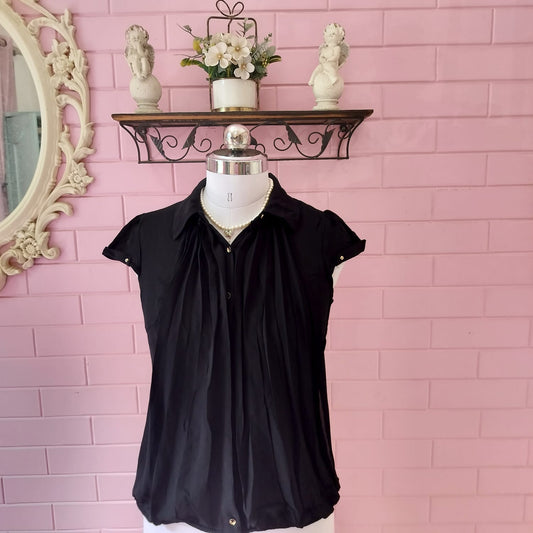 Vintage Black Pleated Blouse with Gold Buttons