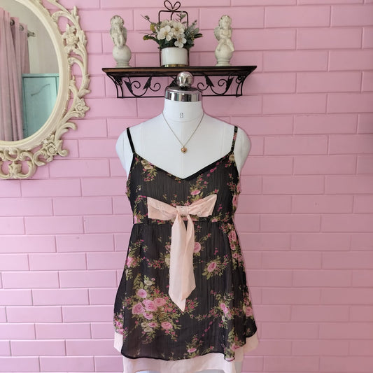 Vintage Floral Babydoll Top – Black Chiffon Lace Camisole with Bow Detail