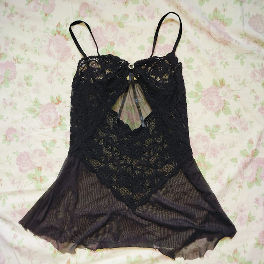 Black Lace Mesh Babydoll Top – Embroidered Y2K Lingerie-Inspired Cami with Rhinestone Bow