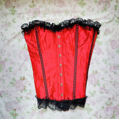 Red Satin Lace Corset Top – Vintage Gothic Bustier with Front Clasp Detail