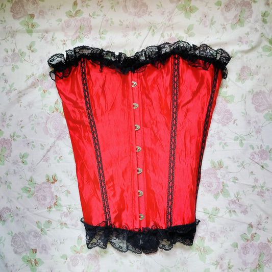 Red Satin Lace Corset Top – Vintage Gothic Bustier with Front Clasp Detail