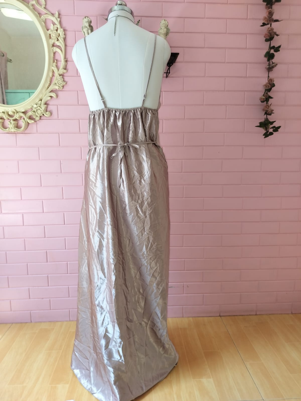 Vintage Champagne Satin Gown with Slit