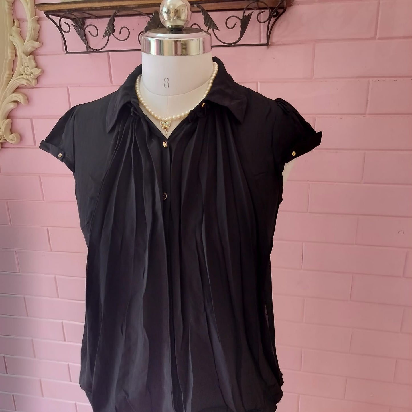 Vintage Black Pleated Blouse with Gold Buttons