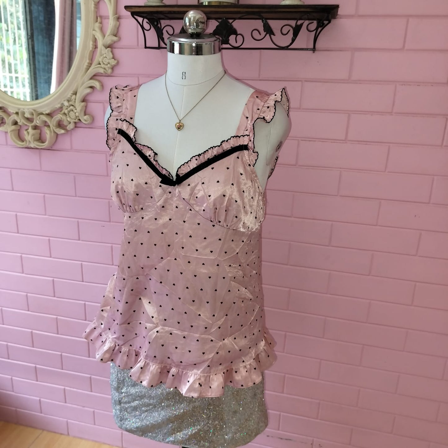 Pink Satin Babydoll Top – Vintage-Inspired Heart Print Camisole with Ruffle Lace Trim